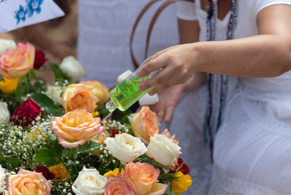 Members of Candomble are seen carrying flowers to honor Iemanja on Rio Vermelho beach, in the city of Salvador, Bahia. Members of Candomble are seen carrying flowers to honor Iemanja on Rio Vermelho beach, in the city of Salvador, Bahia.