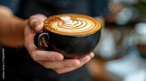 Barista making coffee latte in a cozy cafe with copy space on blurred background