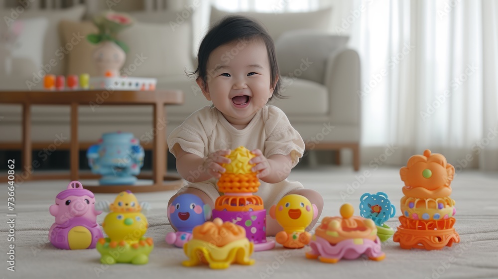 Happy baby girl wearing light beige outfit playing with toys on living room carpet Happy baby girl wearing light beige outfit playing with toys on living room carpet