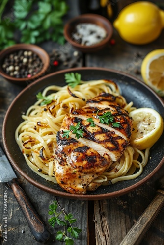 grilled chicken breast with lemon and pepper noodles