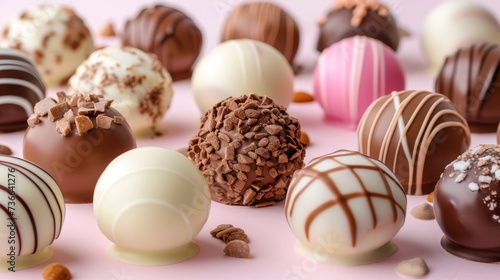 Assorted chocolate candies on pastel gradient background, close up view of beautiful sweets