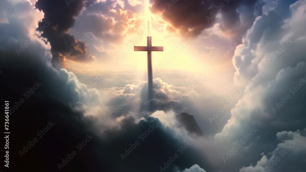 a cross floating in a beautiful shining sky scene rays of light shining into the holy cross of Jesus, death and resurrection of Jesus Christ a cross floating in a beautiful shining sky scene rays of light shining into the holy cross of Jesus, death and resurrection of Jesus Christ