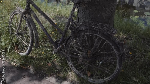 Weathered Bicycle Parked By Pond
