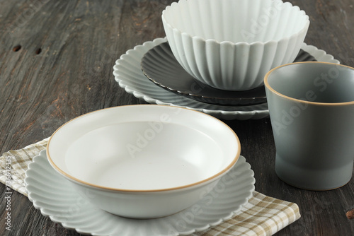 Empty Ceramic Bowl, Plate, and Cup