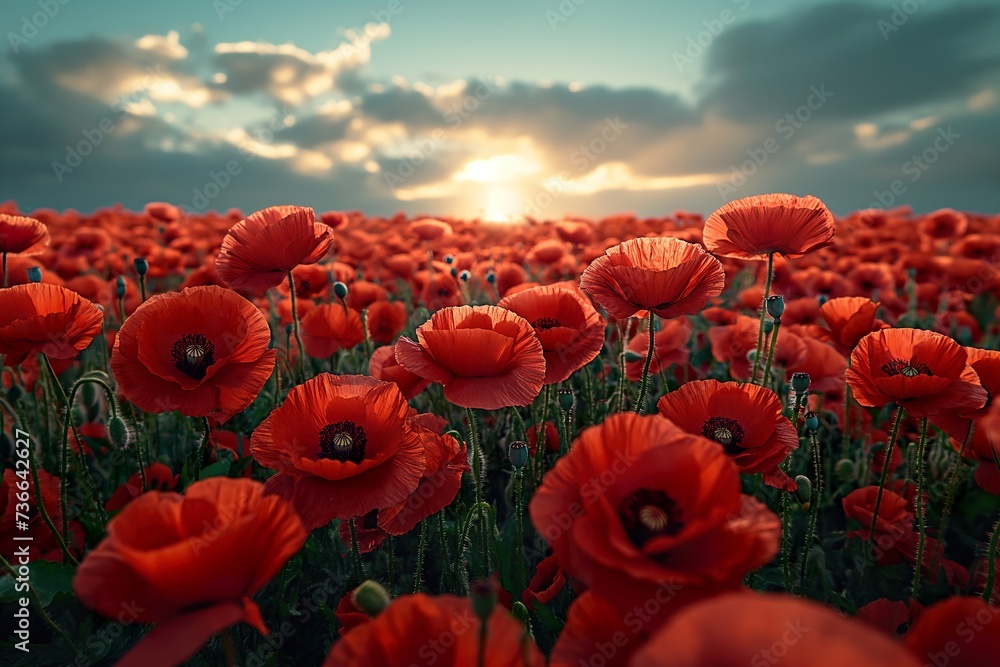 custom made wallpaper toronto digitalA field filled with poppy red flowers stands beneath a cloudy sky, creating a striking and vivid scene.