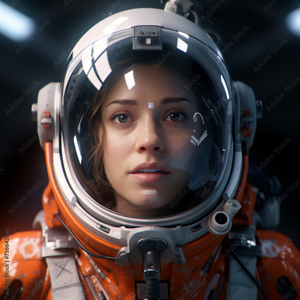 Close up of a young woman in astronaut suit, Generative AI Close up of a young woman in astronaut suit, Generative AI