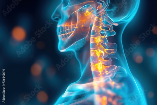 A skeleton with a highlighted neck area experiences pain and discomfort.
