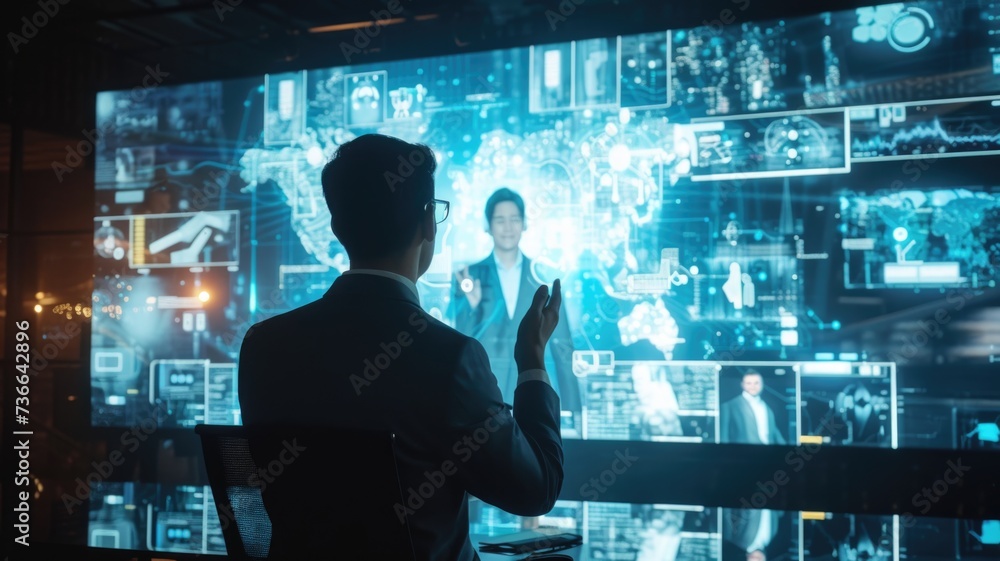 holographic projection of a virtual presenter at a conference, demonstrating the potential for remote communication using holographic technology holographic projection of a virtual presenter at a conference, demonstrating the potential for remote communication using holographic technology