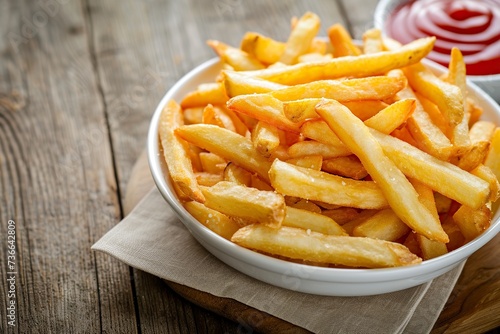delicious french fries in a bowl and ketchup on a wooden table