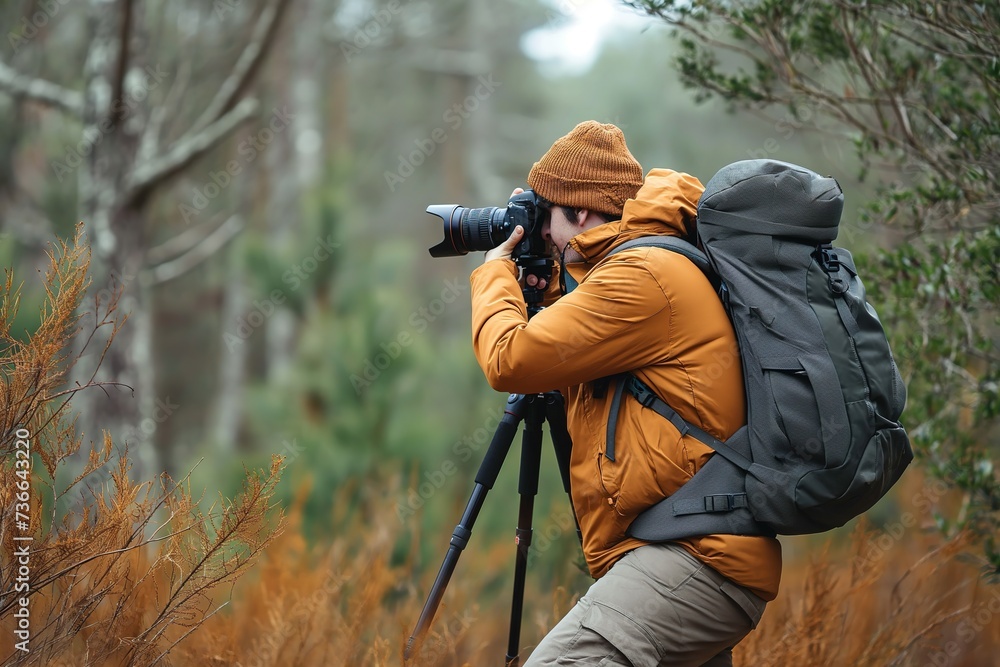 A man equipped with a camera is capturing a photo amidst the lush forest landscape.