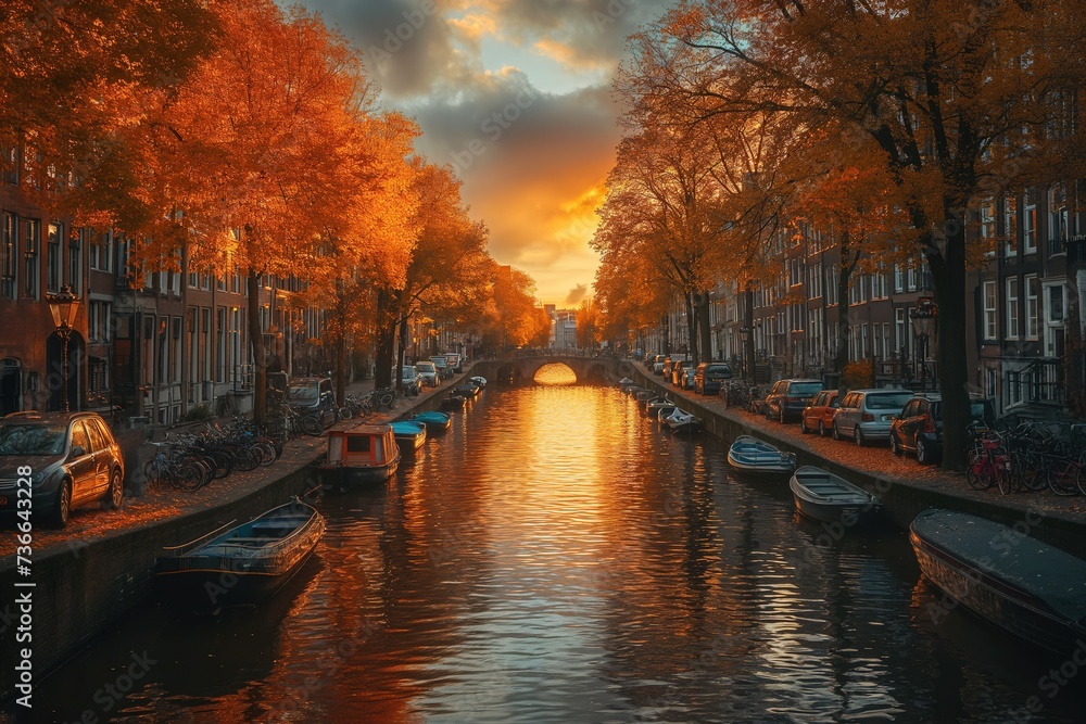 Boats of various sizes peacefully sail down a canal in Amsterdam, creating a vibrant scene filled with movement and activity.