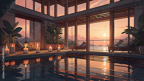 Exotic spa resort in sunset