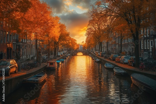 Boats of various sizes peacefully sail down a canal in Amsterdam, creating a vibrant scene filled with movement and activity.