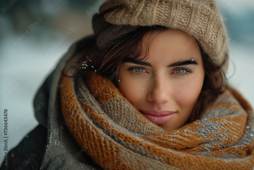 A woman stands posing with a scarf wrapped around her neck. A woman stands posing with a scarf wrapped around her neck.