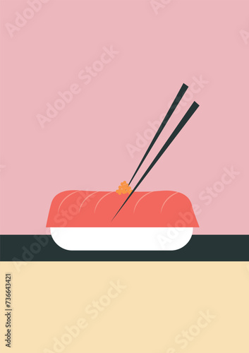 Poster salmon nigiri. Pink background. Vector illustration. Asian food. Sushi bar.
