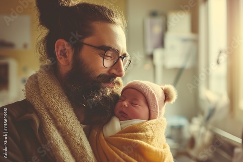 A man, likely a new father, holds a newborn baby wrapped in a blanket in a maternity ward. photo