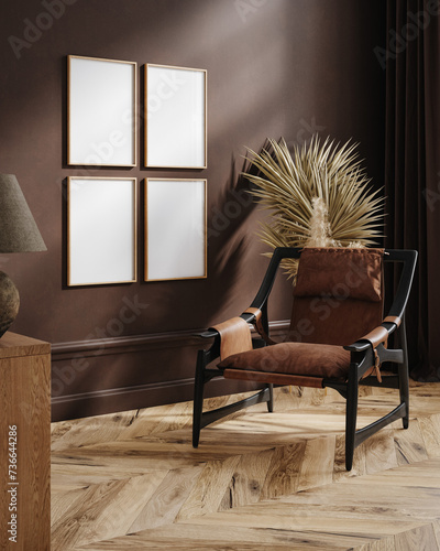 Home mockup interior background, dark brown room with minimal decor, 3d render © artjafara