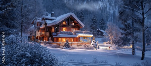 Winter evening picture of a snow-covered cabin near ski resort with lights turned on. photo
