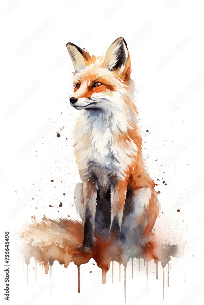 Fototapeta premium watercolor fox drawing with paints. art illustration of a wild animal on a white background. drops and splashes.