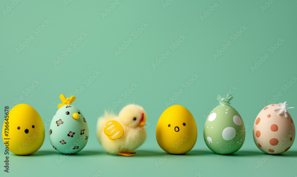Easter eggs and chicken isolated on pastel green background with copy space, Happy Easter banner
