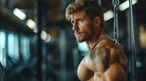 Fitness guy left shoulder pose hardcore body handsome men behind fitness gym