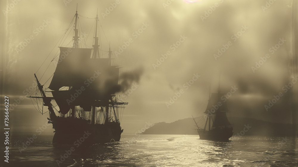 Fototapeta premium ancient photograph of two old pirate ships from the 1800s sailing the ocean during a battle