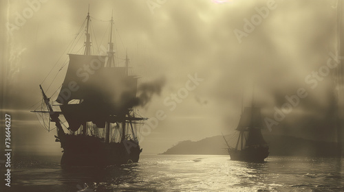 ancient photograph of two old pirate ships from the 1800s sailing the ocean during a battle photo