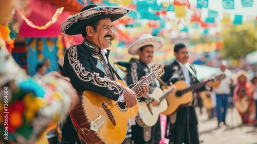 Mariachi band performing traditional Mexican music at a Cinco de Mayo fiesta, adding to the festive atmosphere