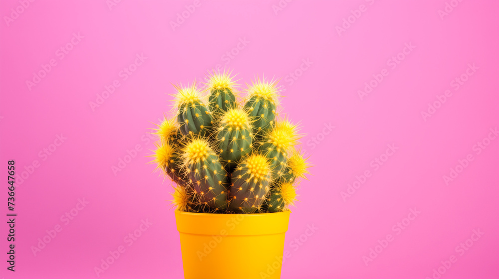 Cactus plant in yellow pot against pink background. Minimal composition with copy space