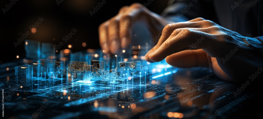 a person's hands touching a digital model of a city