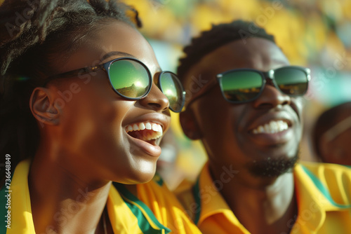 Jamaica fans cheering on their team from the stands of sports stadium.