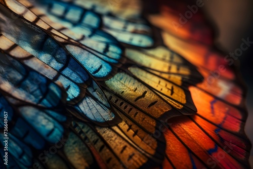 Close-up photo of the vibrant colors and textures of a butterfly s wing, using a 105mm macro lens, f 4 aperture, and 1 320 shutter speed, employing a narrow depth of field to focus on the intricatde