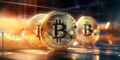amazing light and bright close-up double exposure photo of golden bitcoins and trading graph on computer screen background, hyperrealistic photography, f2.8 55mm lens