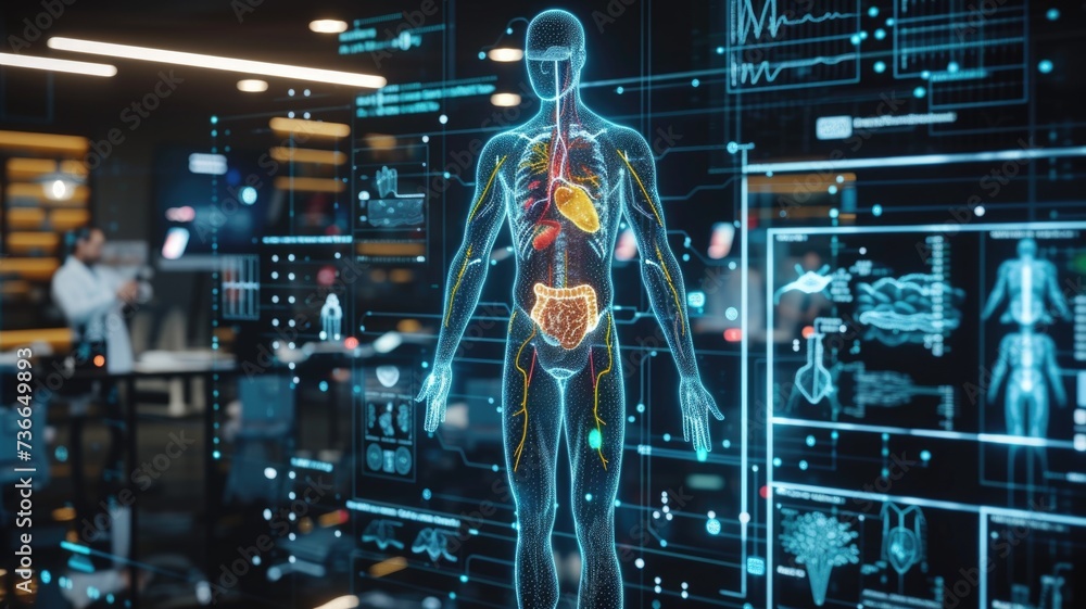 holographic medical visualization of the human body, highlighting its applications in healthcare and education - obrazy, fototapety, plakaty 