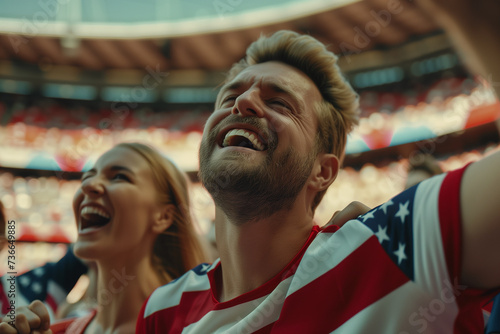 USA fans cheering on their team from the stands of sports stadium.