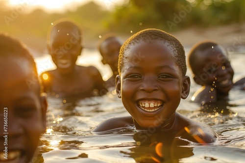 African children playing and having fun in the water.
