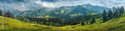 Panoramic view of a hilly landscape with lush green meadows and forests. © Simon