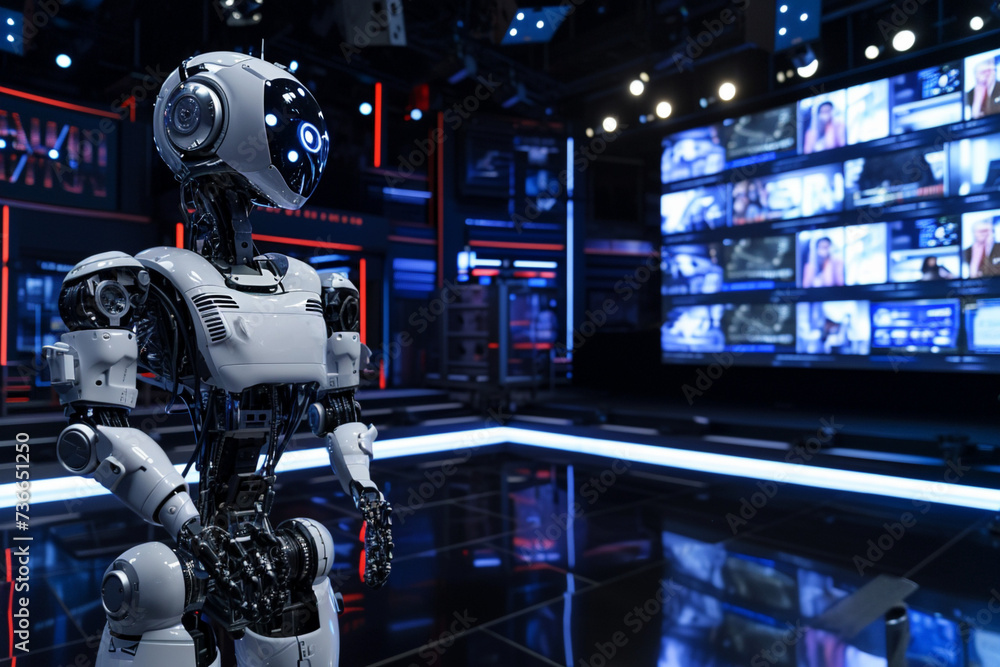 robot stands in the modern news studio on blurred background. Artificial intelect in future life. AI Generated robot stands in the modern news studio on blurred background. Artificial intelect in future life. AI Generated