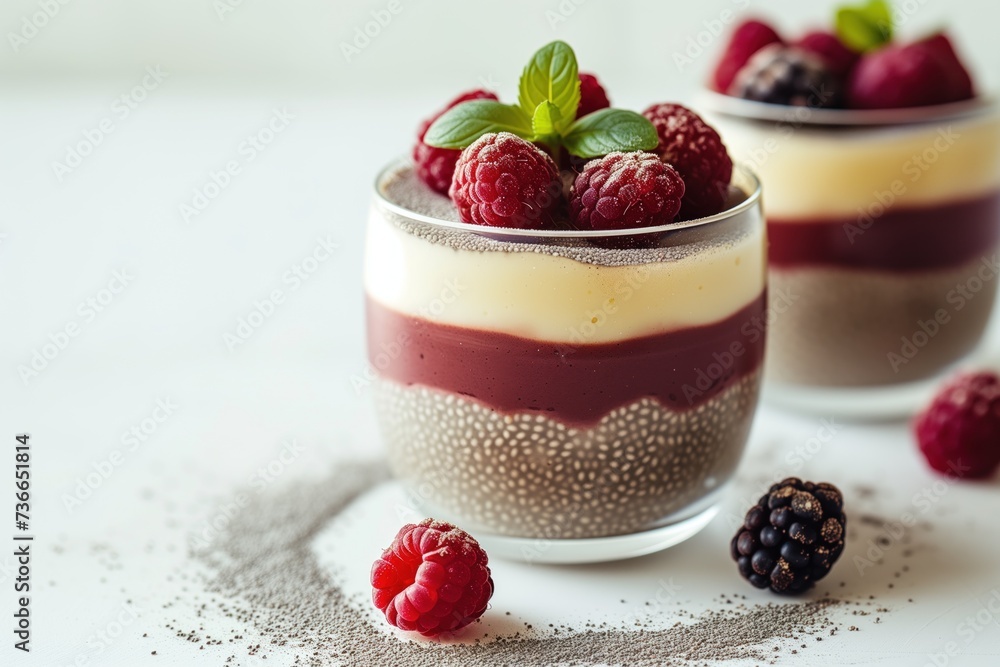 Appetizing, healthy chia seed pudding with fresh raspberries. Vegetarian and vegan food, superfoods, dessert Appetizing, healthy chia seed pudding with fresh raspberries. Vegetarian and vegan food, superfoods, dessert