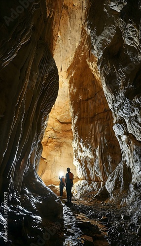 a couple of people that are standing in a cave