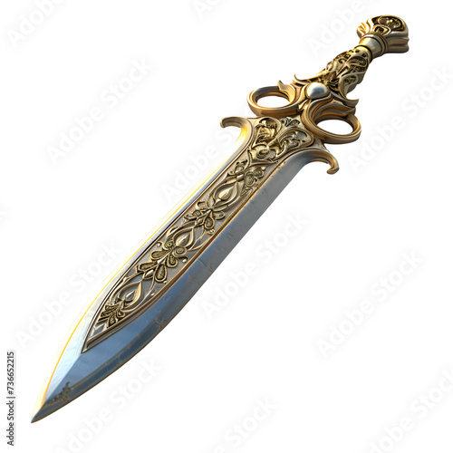 A 3D animated cartoon render of a golden blade with intricate design. Created with generative AI.