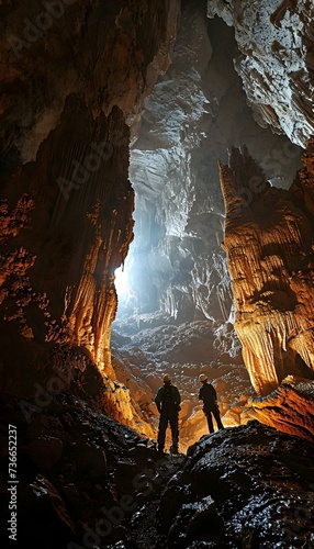 a couple of people standing in a cave
