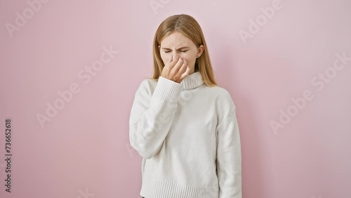 Disgusting stench overpowers beautiful blonde girl, unhappy expression as woman holds breath, pinching nose amid intolerable smell. standing isolated on pink background with sweater. photo