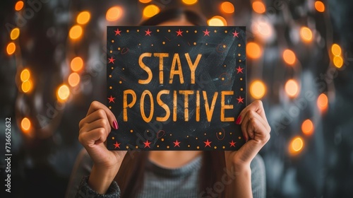 Motivational success concept   woman holding big sign  stay positive  on abstract blurred background photo