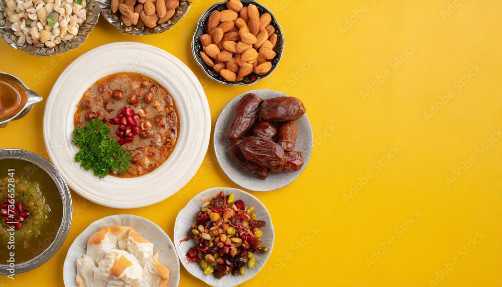 Turkish style Ramadan iftar menu on yellowscreen with empty space 