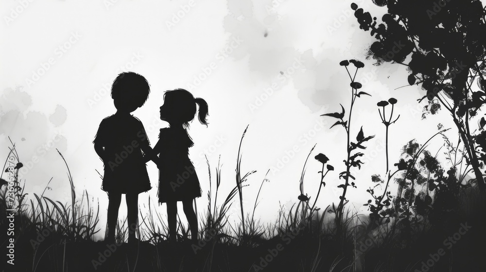 artistic rendering of siblings in silhouette, symbolizing the enduring love and support they provide each other, Two Children at Sunset in a Field of Wildflowers artistic rendering of siblings in silhouette, symbolizing the enduring love and support they provide each other, Two Children at Sunset in a Field of Wildflowers