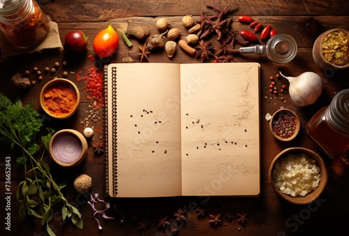 a book with spices and herbs around it
