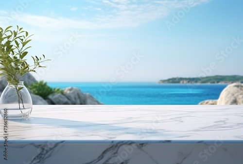 a white marble table with a view of the ocean and blue sky