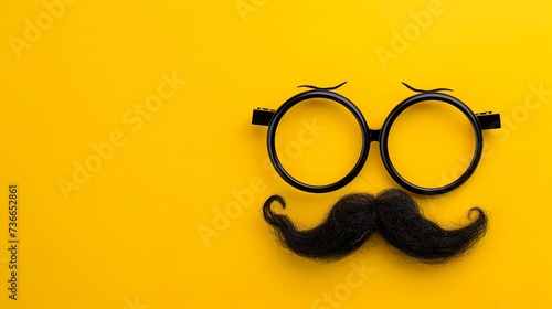 Illustration of a pair of comical glasses and mustache for April Fools' Day. Funny glasses in prank concept on yellow background. Happy April Fool's Day. photo
