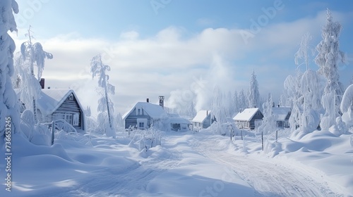 Photo winter landscape, (((snow and snowdrifts on the ground))), on the left ((sparse pine forest)), (on the right a tall snow-covered birch), in the background behind the trees of the forest is a vil photo